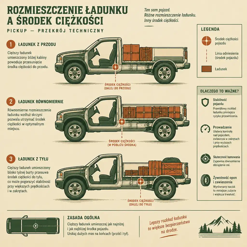 Diagram techniczny pokazujący środek ciężkości pickupa przy różnym rozmieszczeniu ładunku