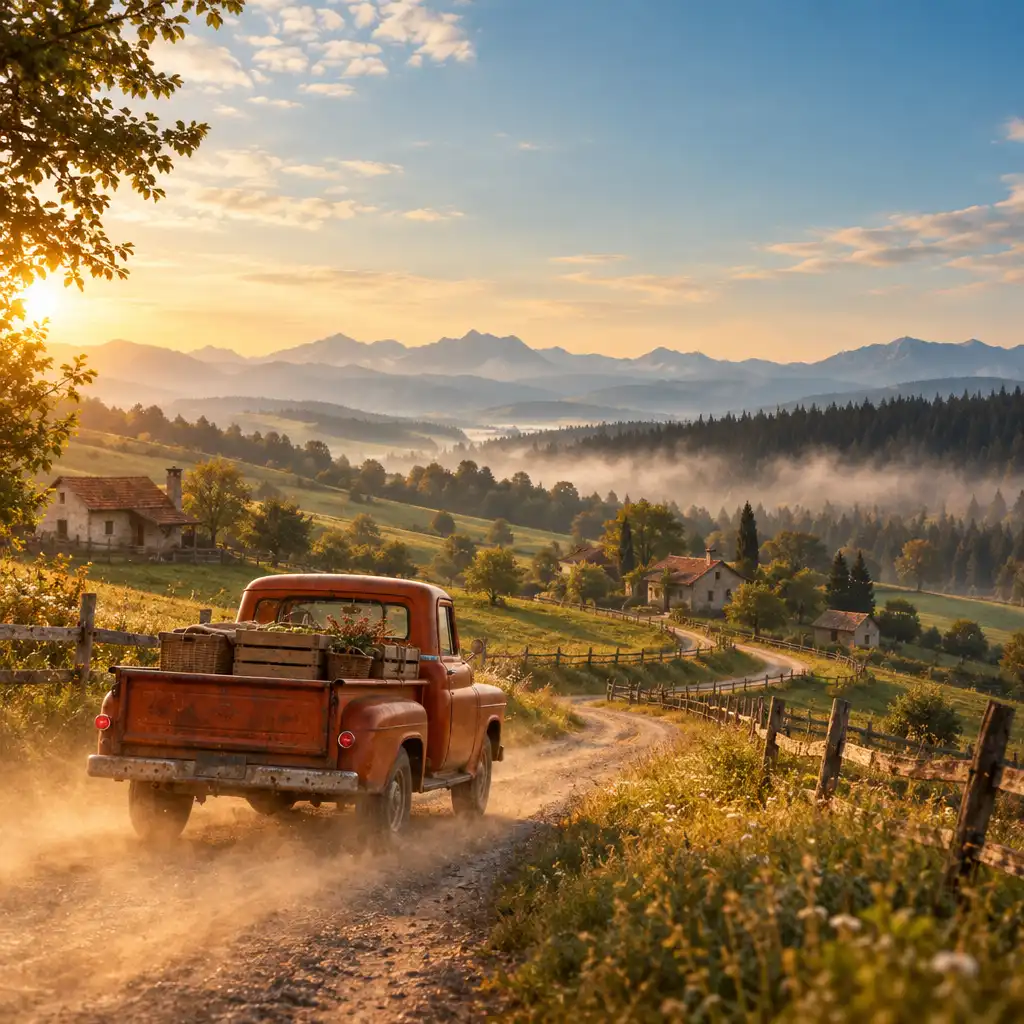 Vintage pickup jadący krętą wiejską drogą z delikatnymi skrzyniami i koszami