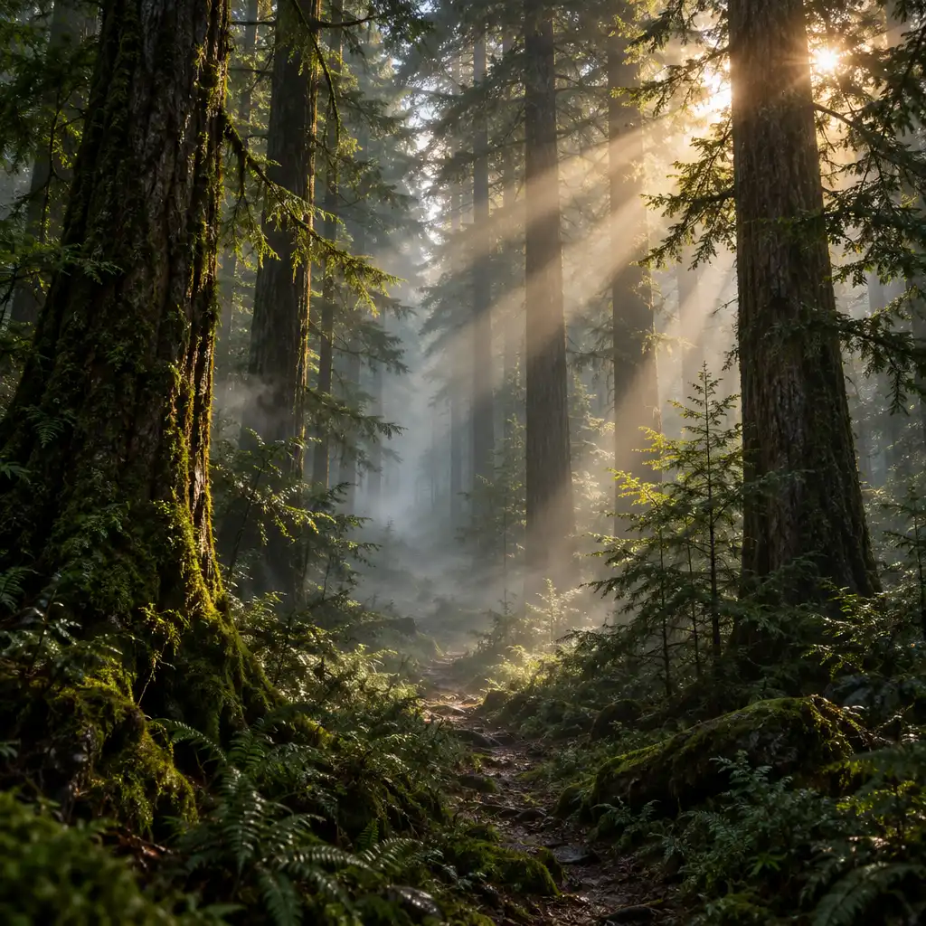 Gęsty stary las z mgłą unoszącą się między drzewami i wąską ścieżką