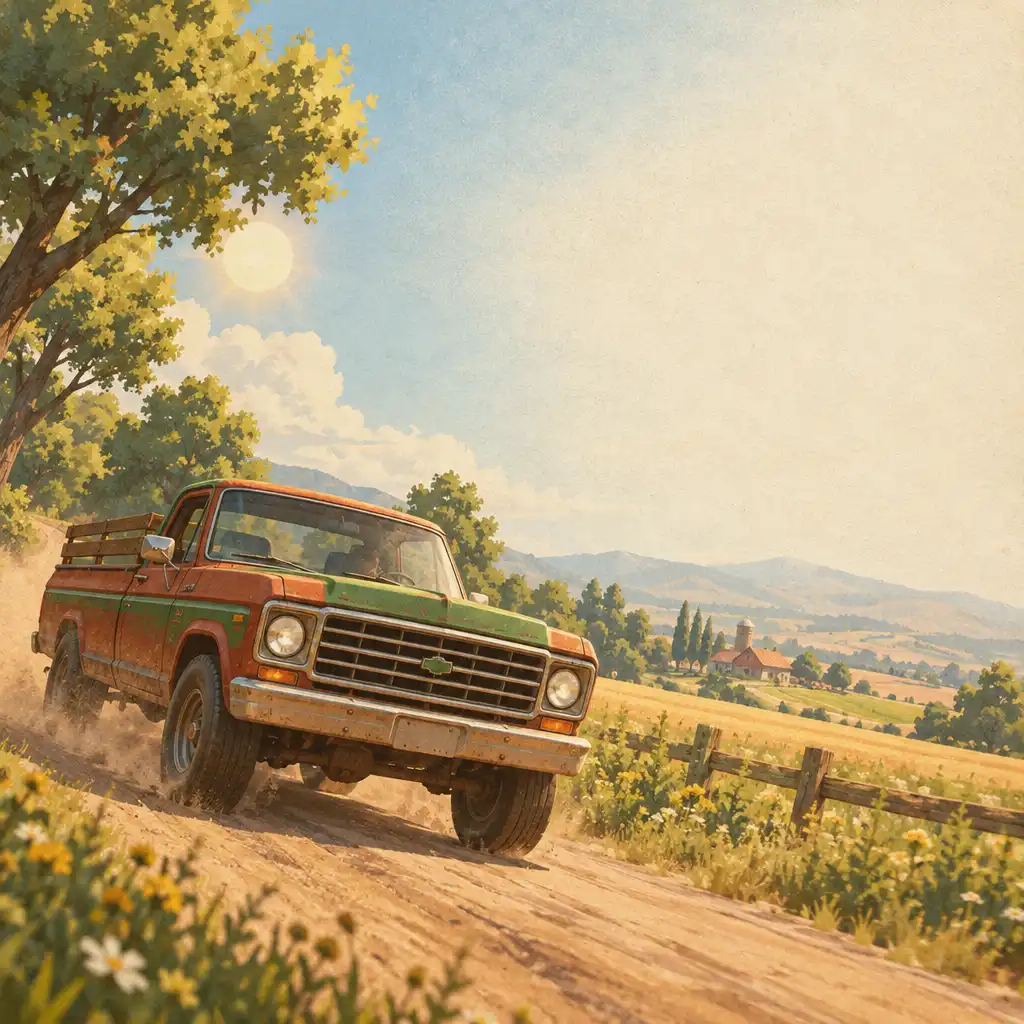 Pickup jadący po wiejskiej drodze w słoneczny dzień, ilustracja w stylu gry Truckful