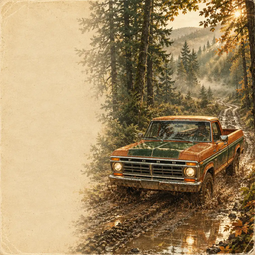 Pickup w kolorze rusty orange jadący przez błotnistą wiejską drogę w starym lesie