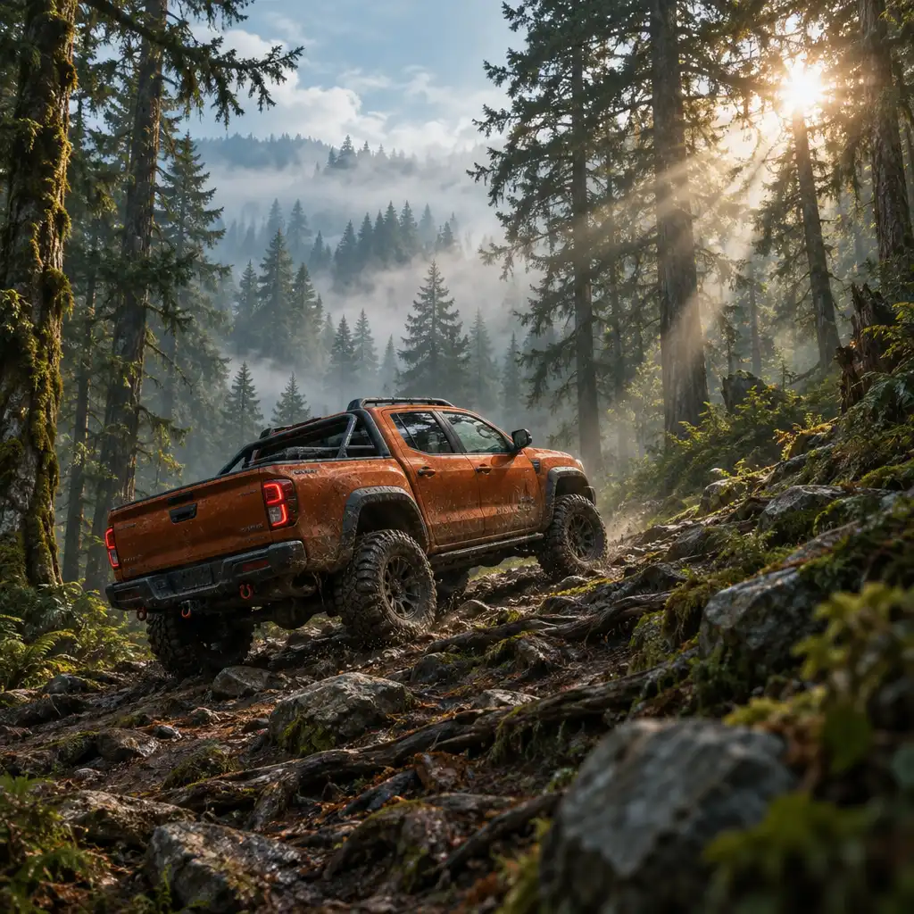 Pickup na trudnej leśnej drodze z kamieniami i korzeniami, w tle gęsty stary las