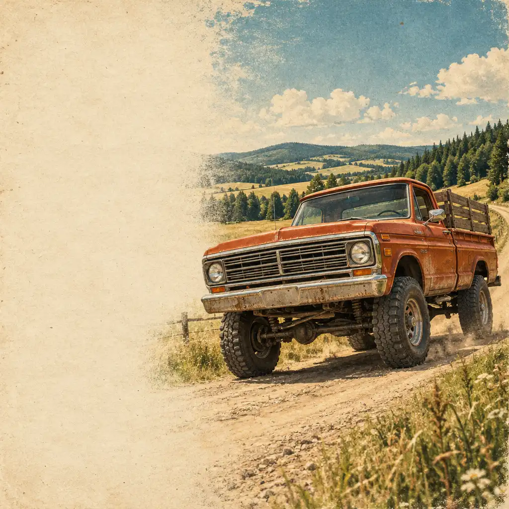 Pickup w kolorze rusty orange na wiejskiej drodze, w ciepłym popołudniowym świetle